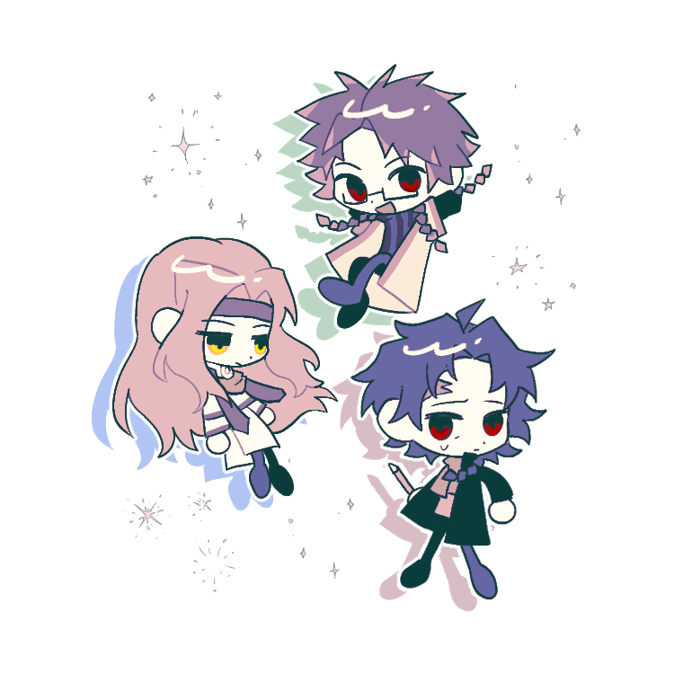 3boys, ahoge, black_hair, black_jacket, black_pants, black_shirt, braid, brown_hair