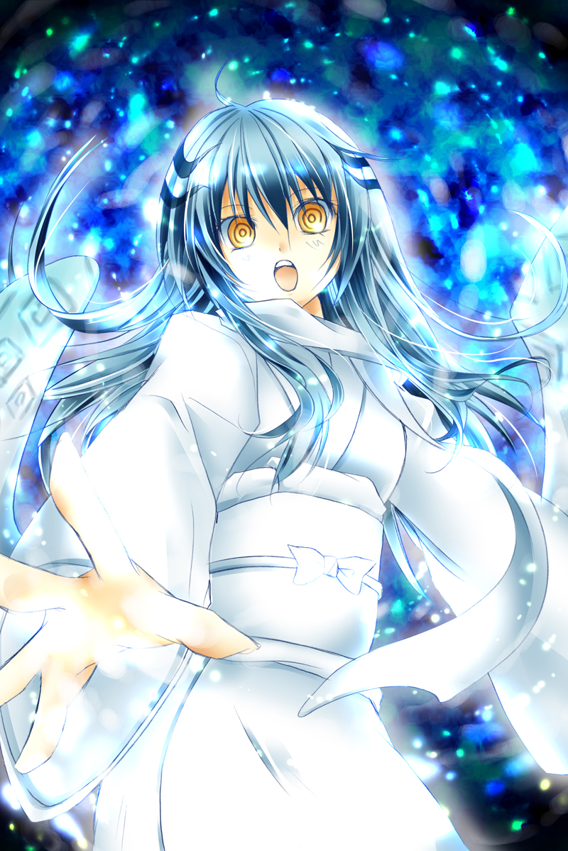1girl, blue_hair, female_focus, foreshortening, japanese_clothes, kimono, long_hair, misato_miyu, nurarihyon_no_mago, obi, open_mouth, outstretched_hand, ringed_eyes, sash, solo, yellow_eyes, yuki_onna_(nurarihyon_no_mago)