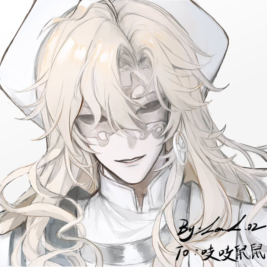 1boy, alkaid_mcgrath, alkaid_mcgrath_(god_forsaken_land), artist_name, blonde_hair, curtained_hair, domino_mask, earrings, eye_mask, hair_between_eyes, hat, jewelry, level02, long_hair, looking_at_viewer, lovebrush_chronicles, male_focus, mask, mitre, parted_lips, portrait, robe, simple_background, single_earring, smile, solo, wavy_hair, white_background, white_hat, white_robe