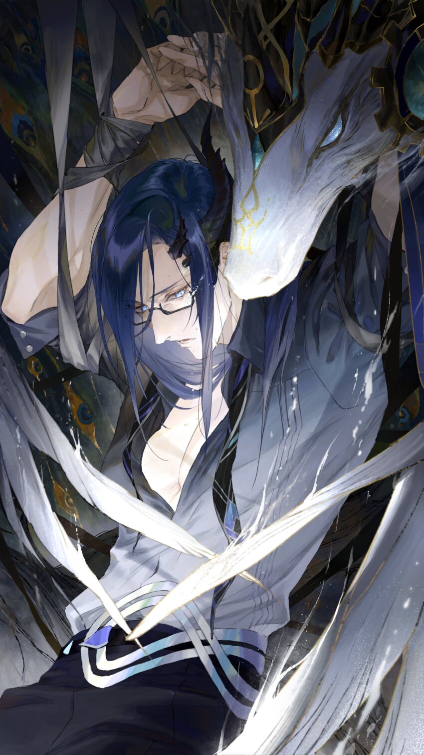 1boy, absurdres, arms_up, black_horns, black_necktie, black_pants, blue_eyes, blue_hair