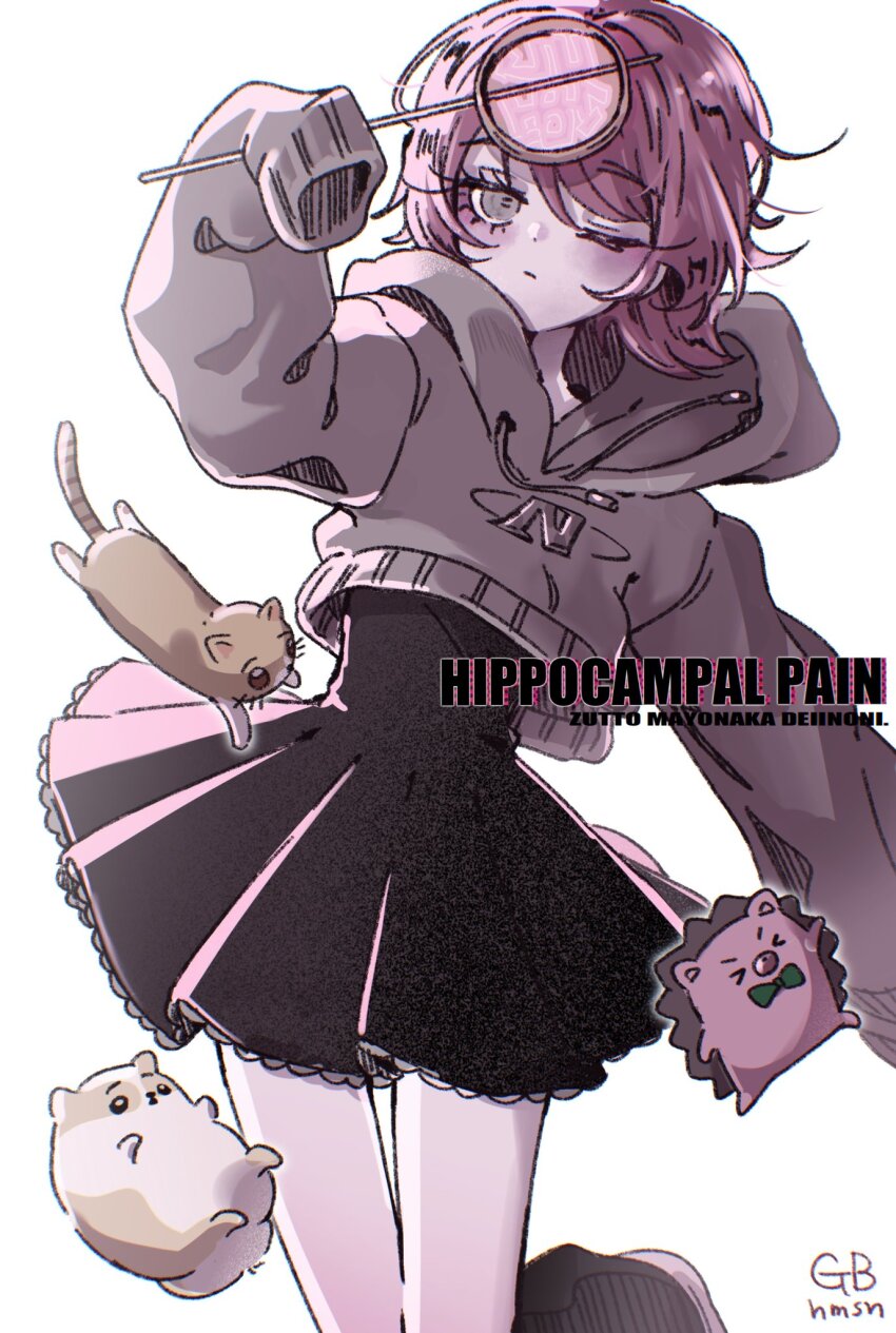 1girl, artist_name, black_dress, black_socks, cat, copyright_name, cropped_hoodie, dog