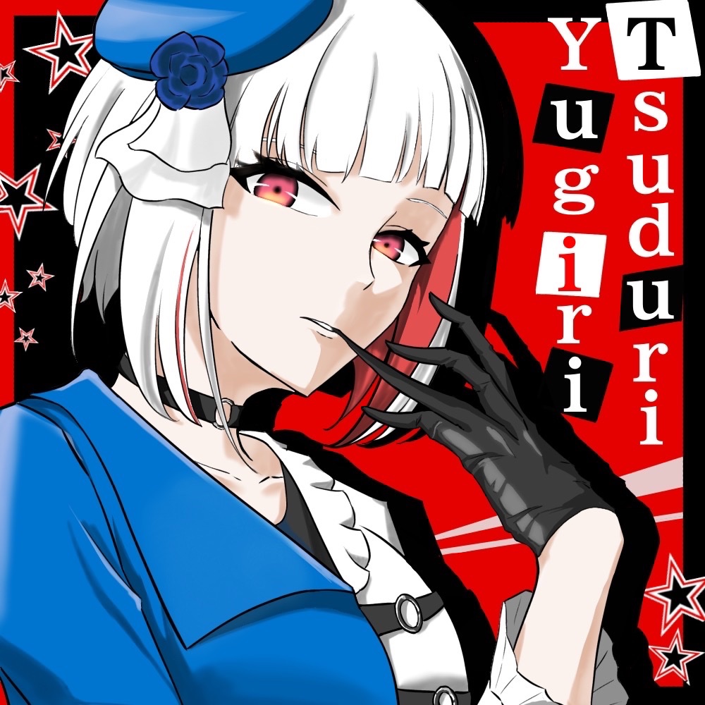 1girl, asymmetrical_clothes, beret, biting, biting_glove, black_gloves, blue_hat, blue_jacket, bob_cut, caricariume, character_name, colored_inner_hair, commentary, diagonal_bangs, drop_shadow, gloves, half-jacket, hat, inverted_bob, jacket, ladybug_(love_live!), link!_like!_love_live!, looking_at_viewer, love_live!, mini_hat, mouth_hold, multicolored_hair, official_alternate_costume, parody, persona, persona_5, red_background, red_eyes, red_hair, revision, shirt, short_hair, solo, star_(symbol), streaked_hair, style_parody, tilted_headwear, upper_body, virtual_youtuber, white_hair, white_shirt, yugiri_tsuzuri