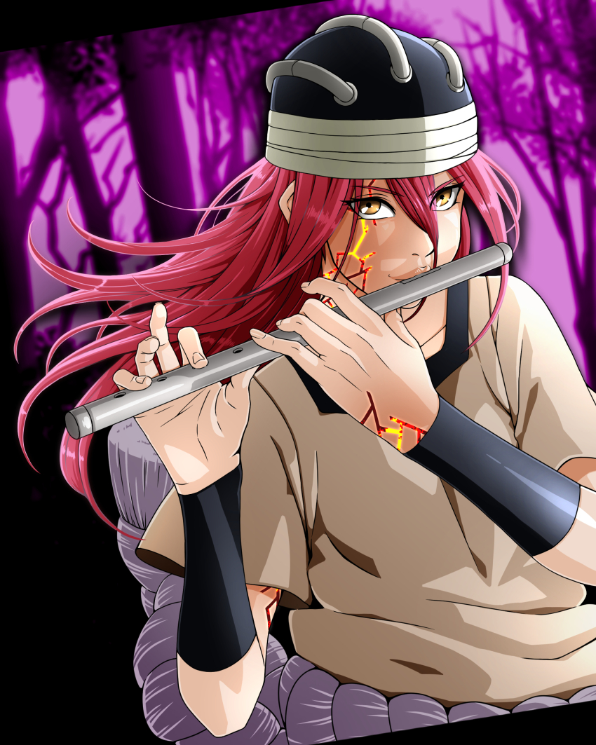 1girl, absurdres, flute, forest, hair_between_eyes, headwrap, helmet, highres, holding, holding_instrument, instrument, long_hair, looking_at_viewer, music, naruto_(classic), naruto_(series), nature, playing_flute, playing_instrument, red_hair, saburo_des, shirt, short_sleeves, tayuya_(naruto), undershirt, upper_body, white_shirt, yellow_eyes