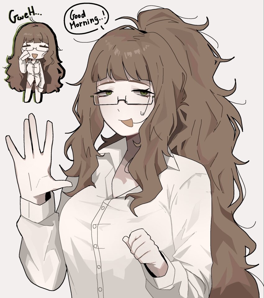 1girl, absurdres, ahoge, brown_hair, chibi, collared_shirt, english_text, glasses