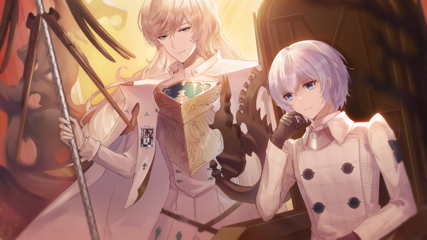 2boys, bad_end, black_gloves, blonde_hair, blue_eyes, cometalice, expressionless, frown