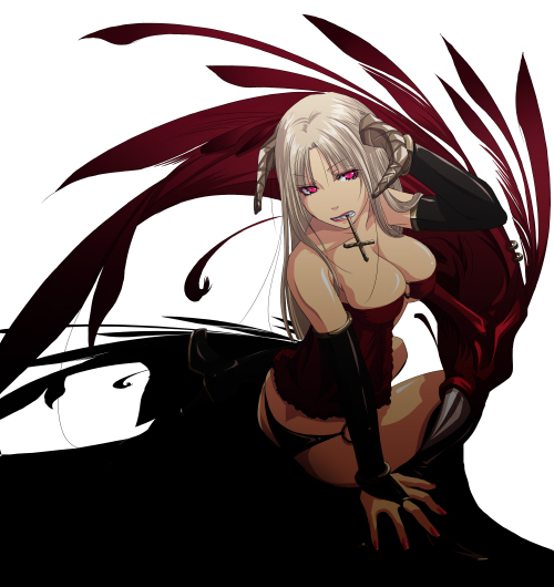 1girl, breasts, bridal_gauntlets, cleavage, cross, demon_girl, female_focus, horns, inverted_cross, large_breasts, long_hair, mouth_hold, mr.romance, ragnarok_online, solo, succubus_(ragnarok_online)