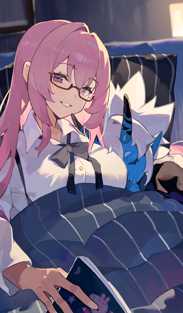 2girls, blue_skin, book, chongchongbao_mushi, closed_eyes, colored_skin, fingernails, glasses