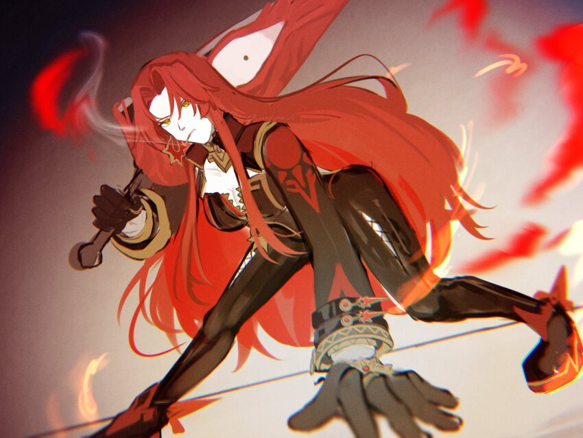 1girl, black_bodysuit, black_gloves, black_shoes, bodysuit, breasts, cigarette, cleavage