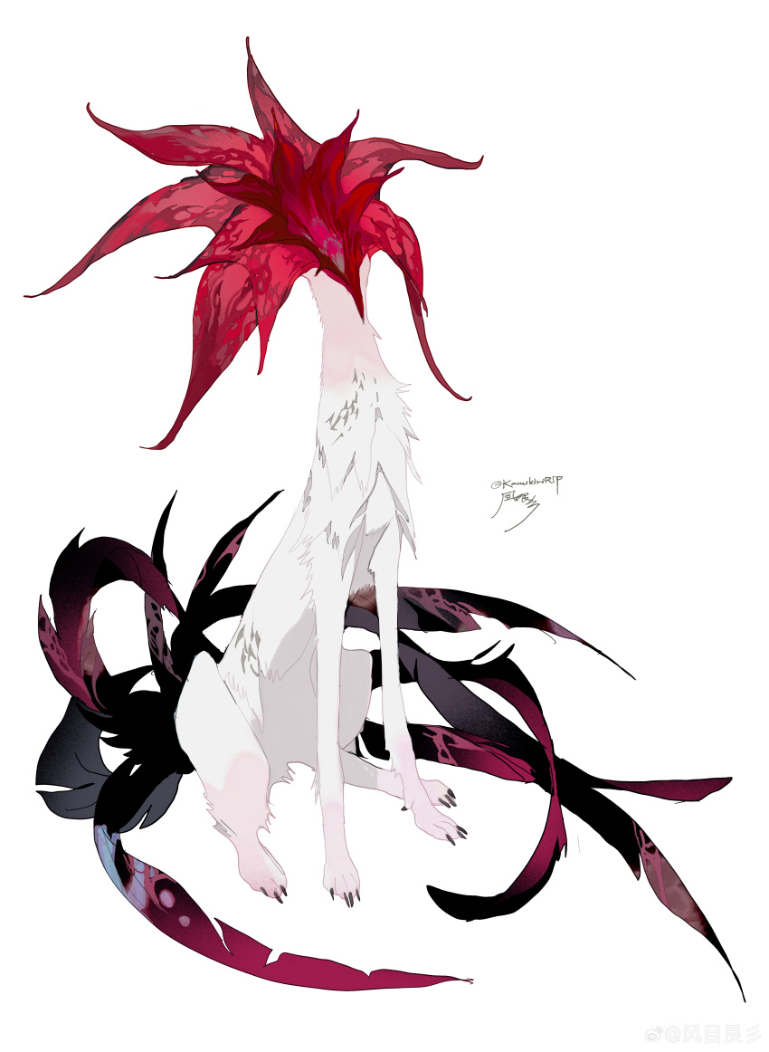 absurdres, artist_name, black_tail, creature, extra_tails, flower_head, full_body, highres