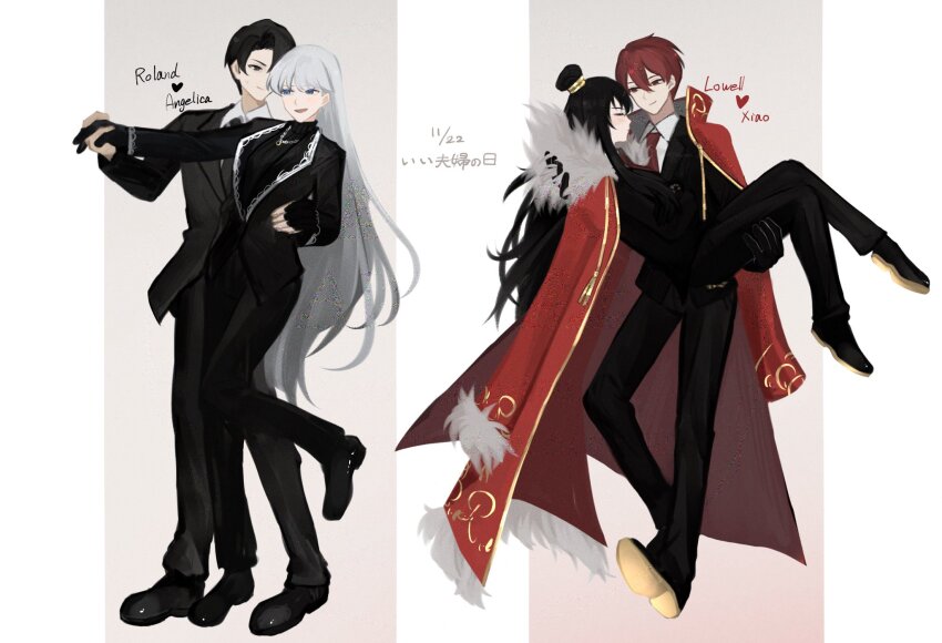 2boys, 2girls, angelica_(project_moon), black_eyes, black_footwear, black_hair, black_jacket, black_pants