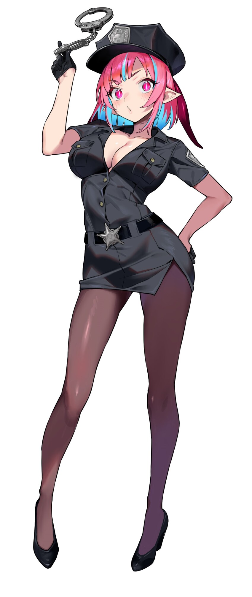 1girl, absurdres, belt, black_belt, black_footwear, black_gloves, black_hat, black_pantyhose, black_shirt, black_skirt, blue_hair, blush, breasts, cleavage, collarbone, colored_inner_hair, commentary_request, cuffs, demon_girl, full_body, gloves, half_gloves, hat, high_heels, highres, holding_cuffs, kanan-sama_wa_akumade_choroi, kanan_(kanan-sama), large_breasts, light_blue_hair, looking_at_viewer, medium_hair, multicolored_hair, nonco, pantyhose, pink_eyes, pink_hair, pointy_ears, police, police_hat, police_uniform, policewoman, shirt, short_sleeves, simple_background, skirt, slit_pupils, solo, streaked_hair, thighs, two-tone_hair, white_background