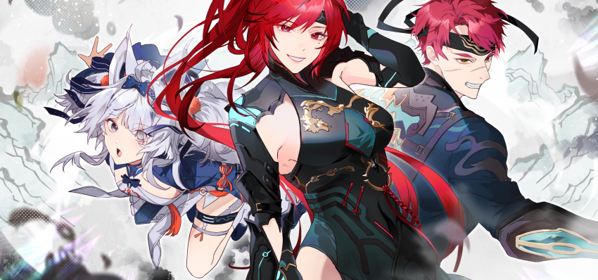 1boy, 2girls, absurdres, ahoge, animal_ears, black_bow, black_dress, black_hairband