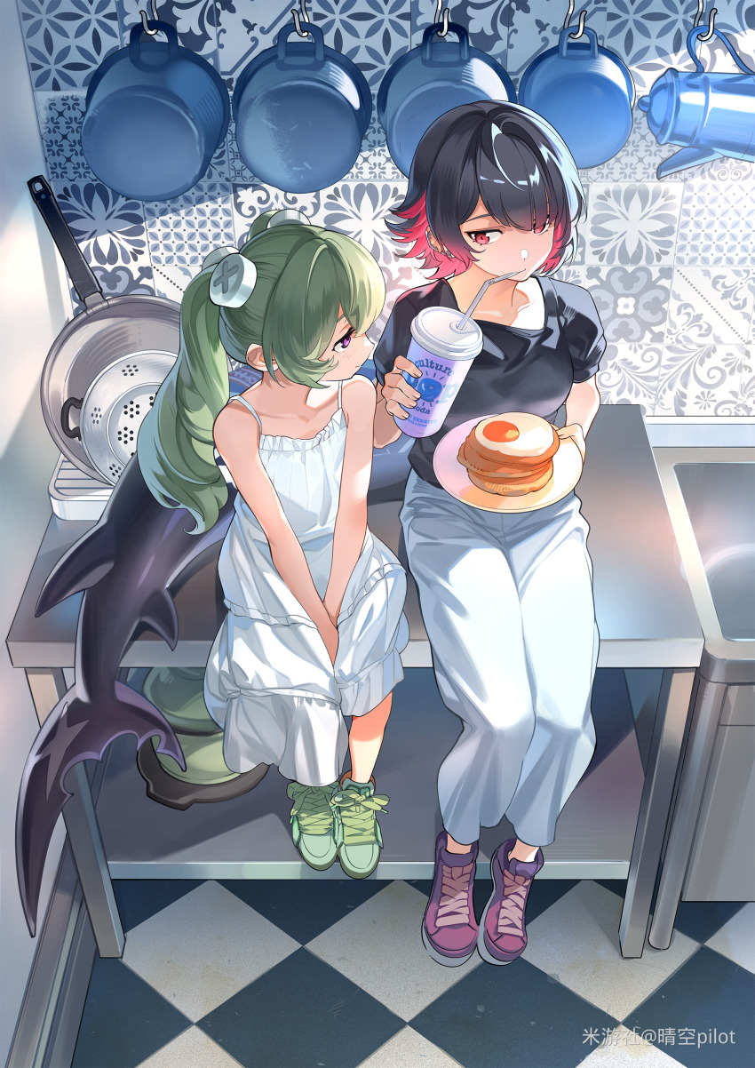 2girls, absurdres, alternate_costume, artist_name, black_shirt, closed_mouth, colored_inner_hair, corin_wickes