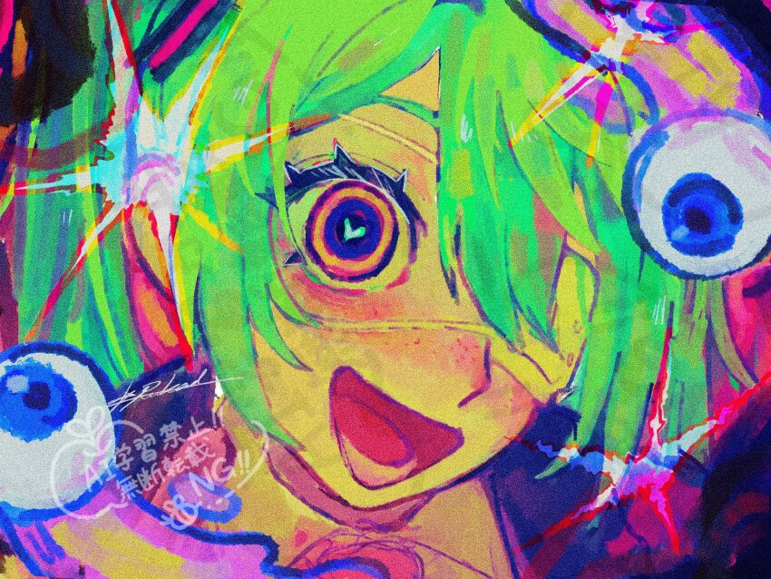 1girl, abstract, colorful, eihrdgyybnq6aiw, green_hair, hatsune_miku, heart, heart-shaped_pupils, highres, long_hair, monitoring_(vocaloid), open_mouth, portrait, ringed_eyes, smile, solo, sparkle, symbol-shaped_pupils, twintails, v-shaped_eyebrows, very_long_hair, vocaloid