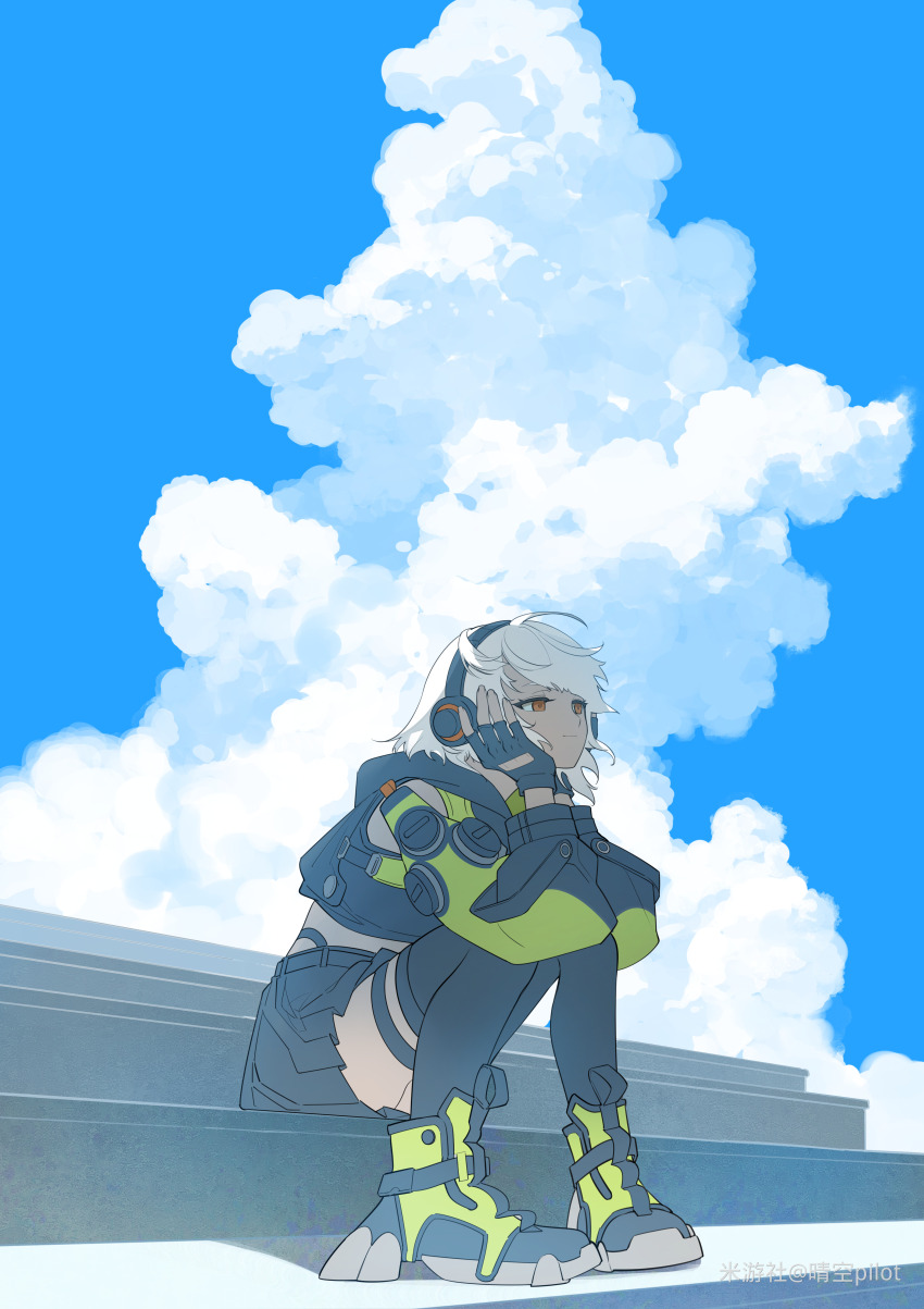 1girl, absurdres, anby_demara, artist_name, black_gloves, black_skirt, black_thighhighs, blue_sky