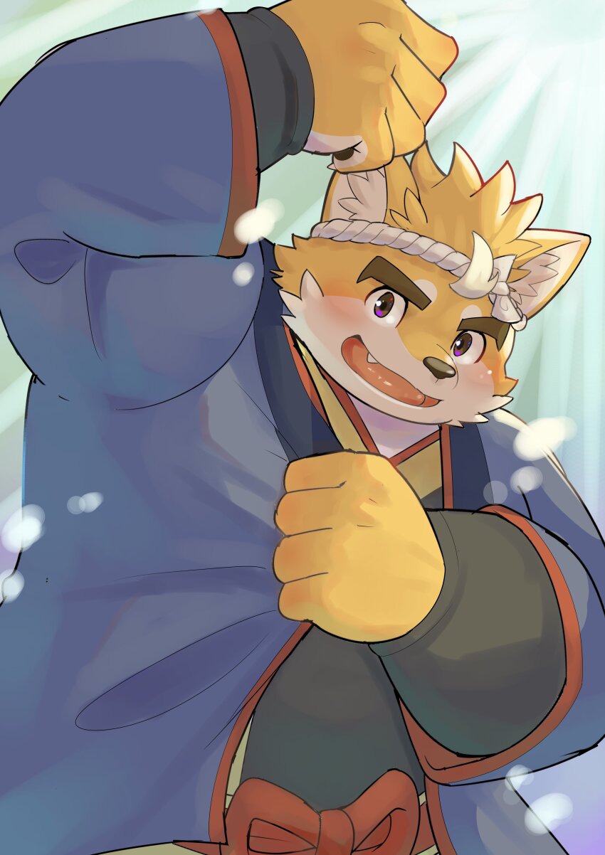 1boy, absurdres, amidasuke, animal_ear_fluff, animal_ears, arm_up, black_shirt, blue_kimono