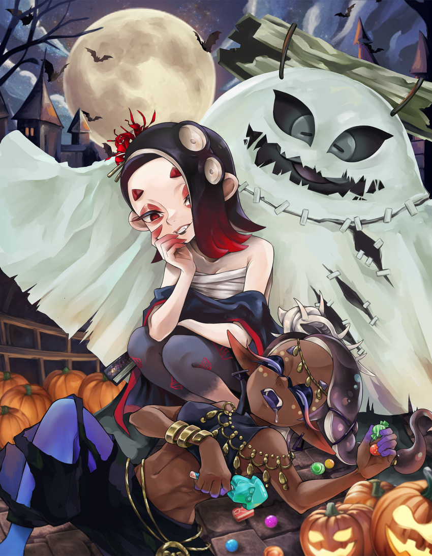 1boy, 2girls, asymmetrical_bangs, bare_shoulders, bat_(animal), big_man_(splatoon), big_man_(splatoween)_(splatoon), black_hair