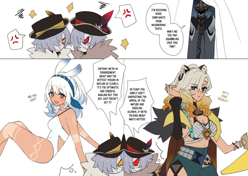 2girls, 3boys, anger_vein, black_coat, black_hat, black_mask, bra, capitano_(genshin_impact)