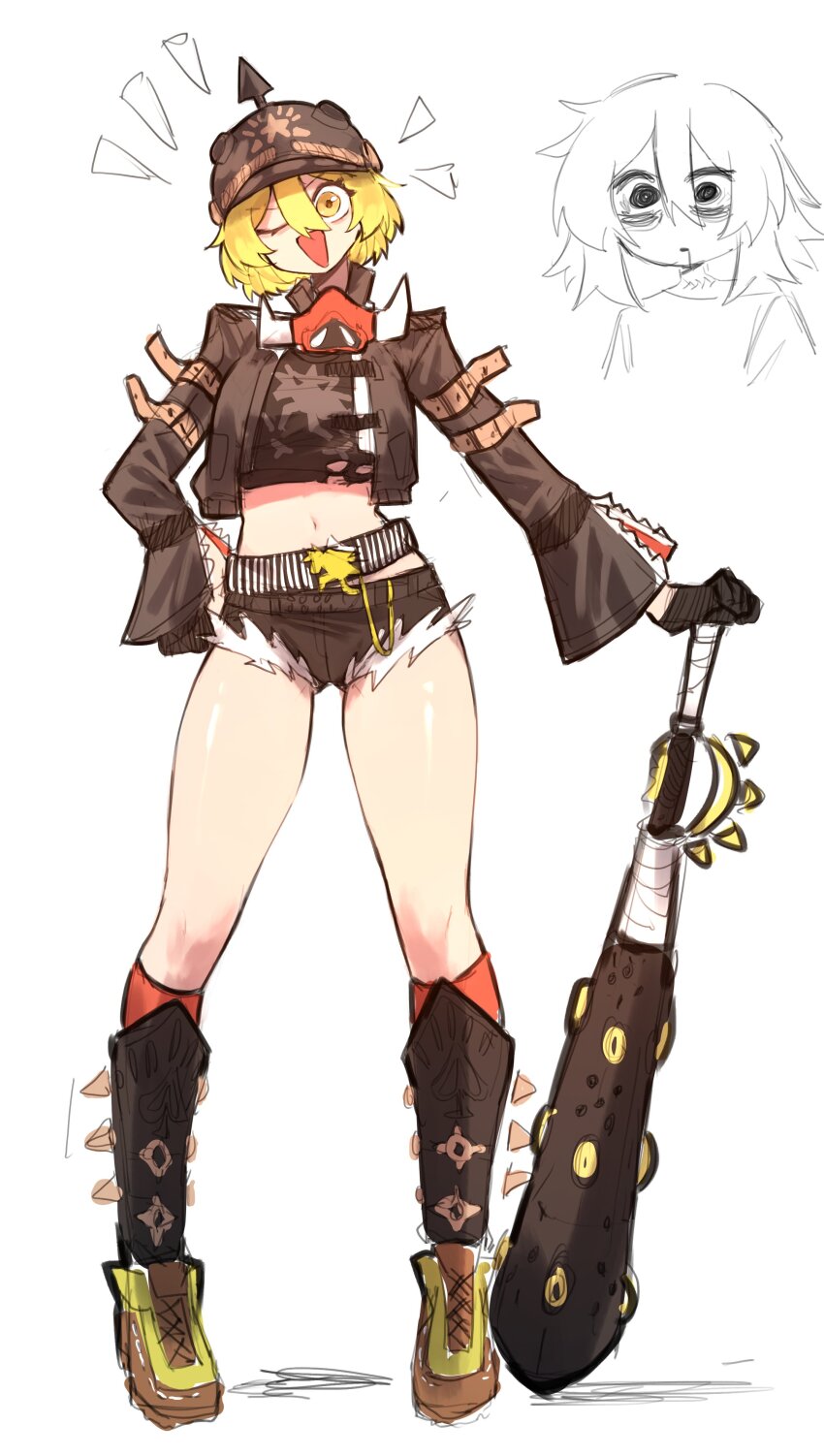 1girl, absurdres, baseball_bat, black_boots, black_gloves, black_helmet, black_jacket, black_shirt