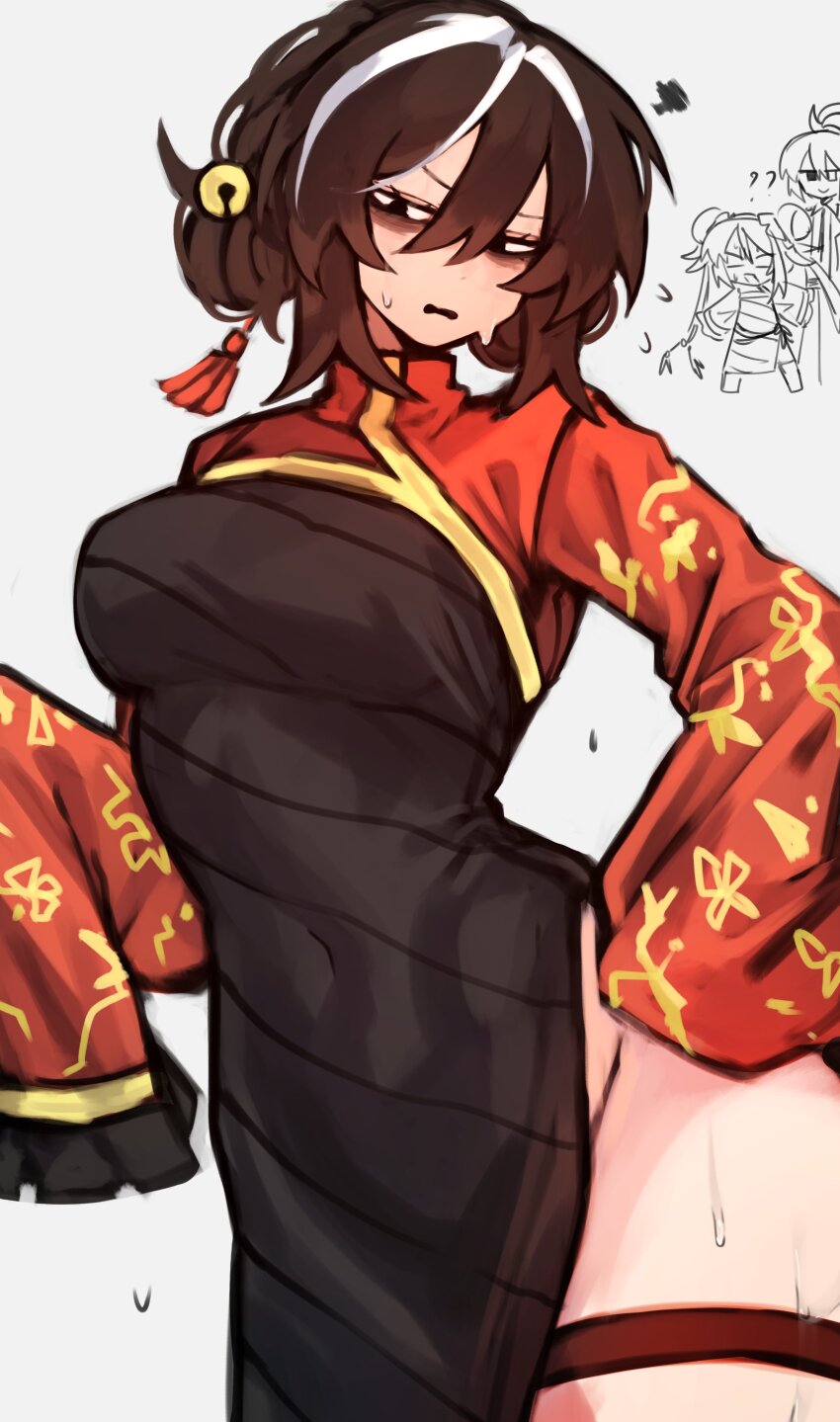 1girl, absurdres, black_dress, black_eyes, black_hair, breasts, cowboy_shot, cropped_jacket