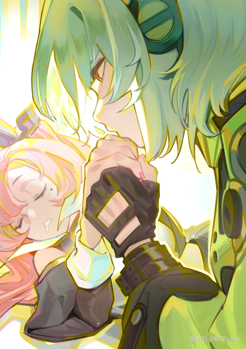 2girls, absurdres, anby_demara, artist_name, black_gloves, brown_eyes, fingerless_gloves, gloves