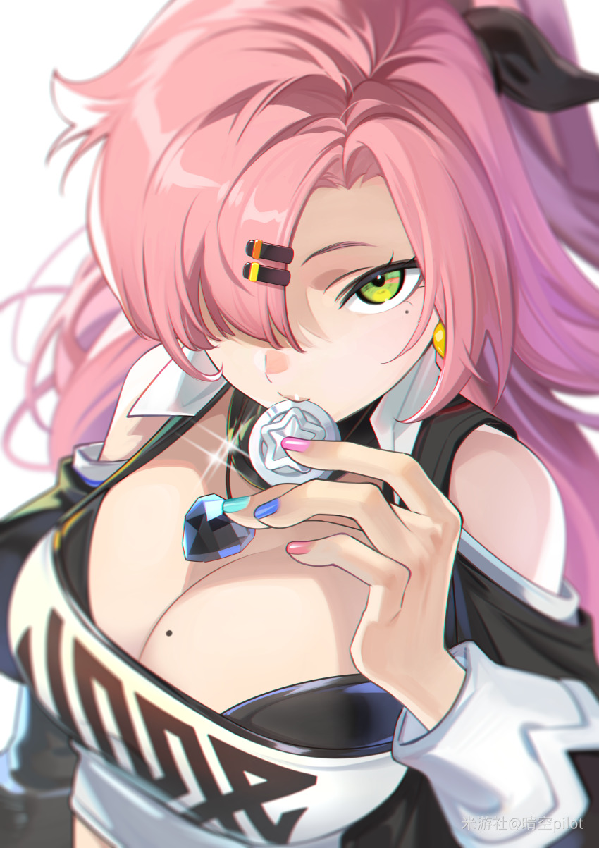 1girl, absurdres, breasts, chromatic_aberration, cleavage, coin, earrings, expressionless