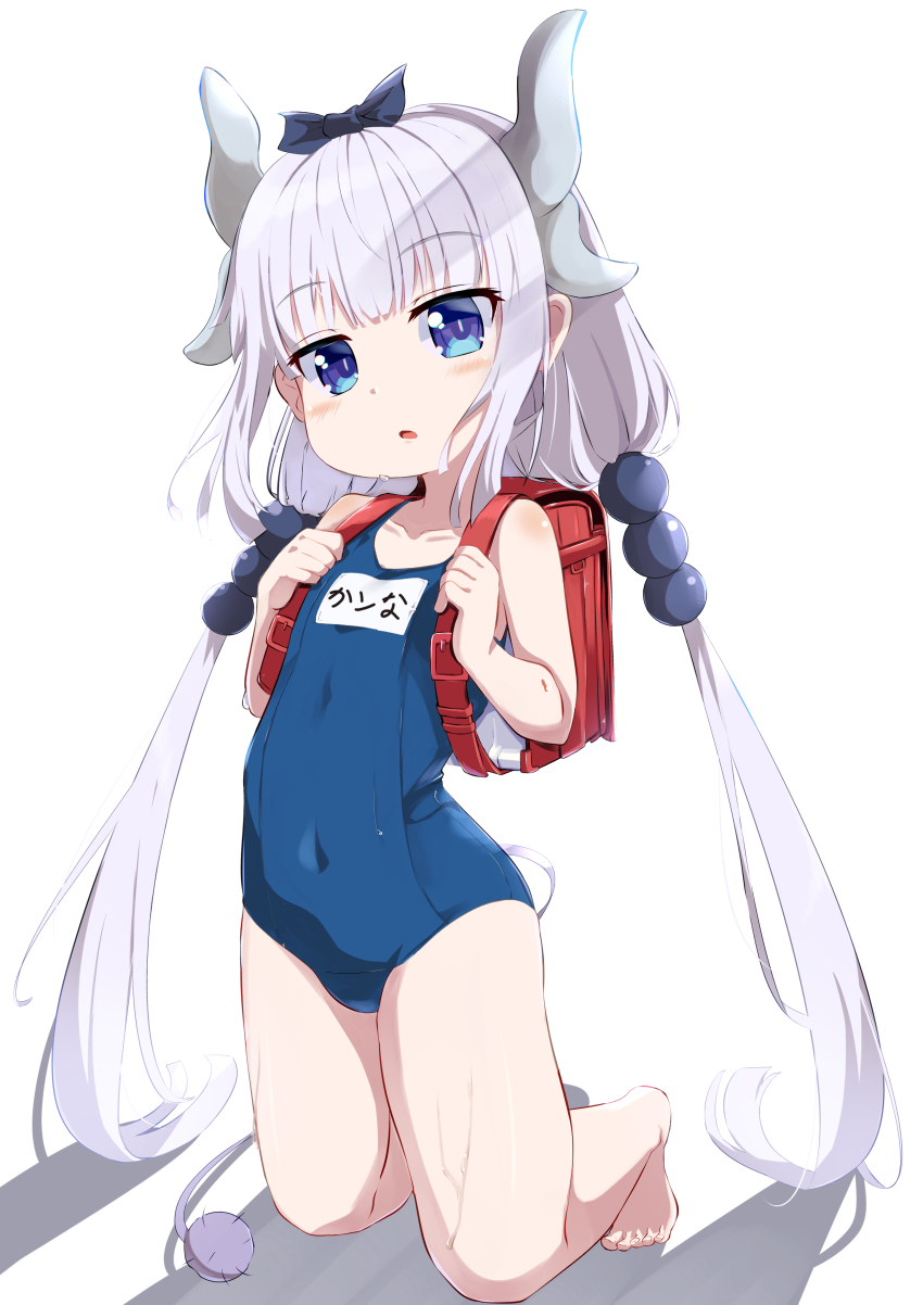 1girl, absurdres, backpack, bag, barefoot, blue_eyes, blue_ribbon, blush_stickers, covered_navel, dragon_girl, dragon_horns, dragon_tail, eyebrows_hidden_by_hair, flat_chest, full_body, hair_ornament, hair_ribbon, highres, horns, kanna_kamui, kneehighs, kobayashi-san_chi_no_maidragon, loli, long_hair, low_twintails, open_mouth, pandoa_(mikage0495), purple_hair, randoseru, ribbon, school_swimsuit, shadow, simple_background, socks, solo, sphere_hair_ornament, swimsuit, tail, toes, twintails, very_long_hair, white_background