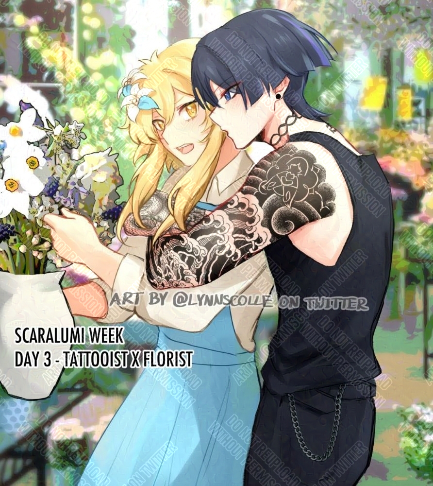 1boy, 1girl, alternate_costume, alternate_universe, apron, arm_tattoo, bare_shoulders, birthmark