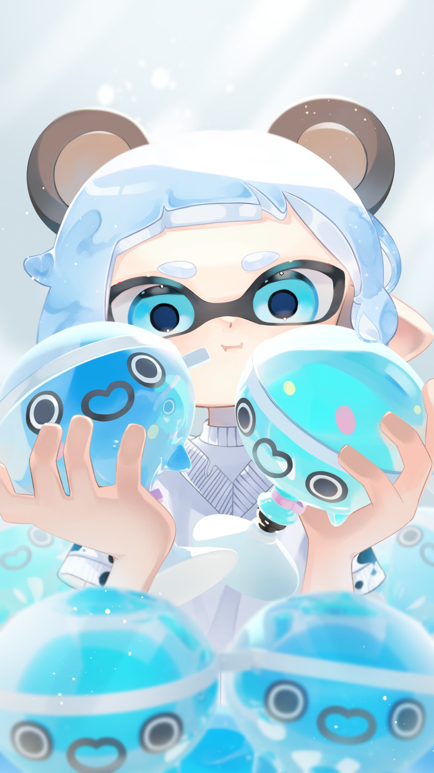 1girl, :t, absurdres, animal_ears, bear_ears, blue_eyes, blue_hair, blurry