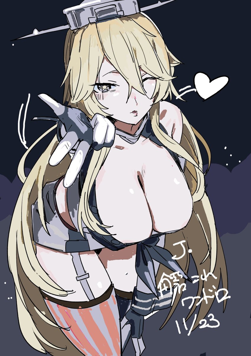 1girl, absurdres, asymmetrical_legwear, blonde_hair, blowing_kiss, blue_eyes, breasts, cleavage, collar, commentary_request, cowboy_shot, dated, elbow_gloves, fingerless_gloves, front-tie_top, garter_straps, gloves, grey_skirt, hair_between_eyes, headgear, highres, iowa_(kancolle), j._(anonymousarts), kantai_collection, large_breasts, long_hair, looking_at_viewer, metal_collar, miniskirt, mismatched_legwear, one-hour_drawing_challenge, skirt, solo, star-shaped_pupils, star_(symbol), striped_clothes, striped_skirt, striped_thighhighs, symbol-shaped_pupils, thighhighs, translation_request, vertical-striped_clothes, vertical-striped_skirt, vertical-striped_thighhighs