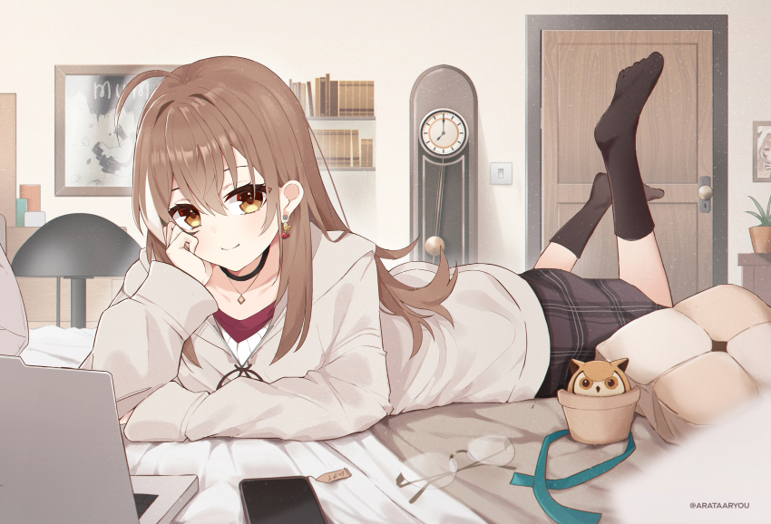 1girl, absurdres, ahoge, arata_ryou, artist_name, berry, bird, black_choker