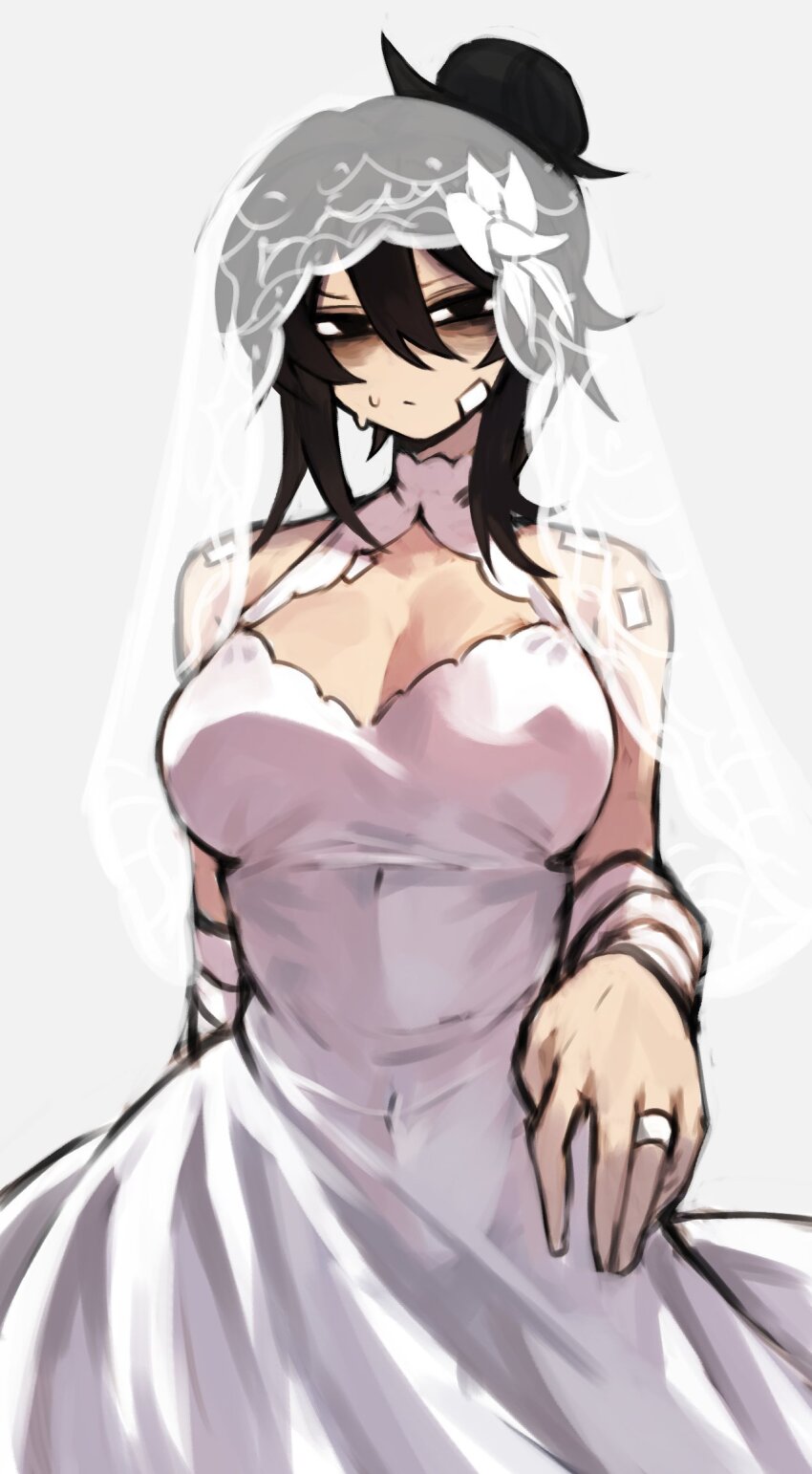1girl, bandaged_arm, bandaged_wrist, bandages, black_eyes, black_hair, breasts, bridal_veil