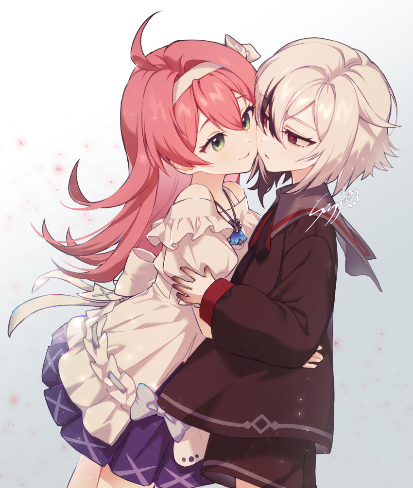 2girls, absurdres, alternate_costume, arlecchino_(genshin_impact), bare_shoulders, blonde_hair, cheek-to-cheek, clervie_(genshin_impact)