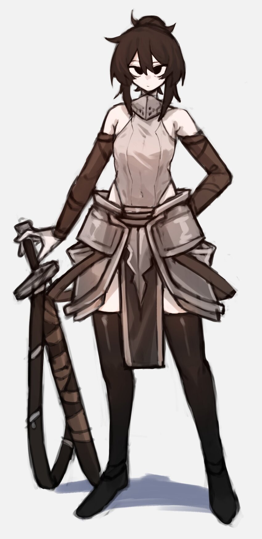 1girl, bare_shoulders, black_eyes, black_hair, black_shoes, black_sleeves, black_thighhighs, clothing_cutout