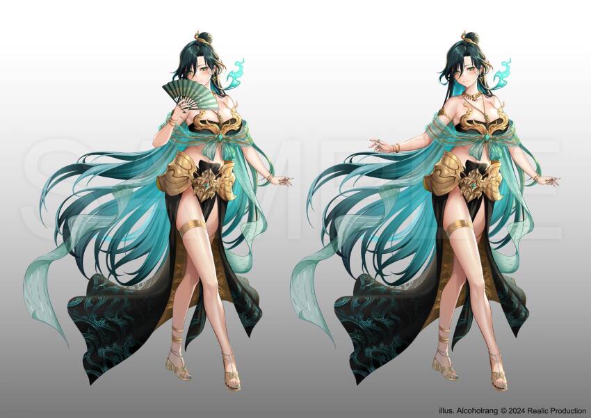 1girl, alcoholrang, algorhythm_project, armor, bare_legs, black_hair, breasts, closed_mouth