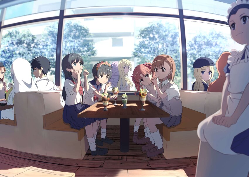 1boy, 6+girls, absurdres, apron, beret, black_dress, black_hair, blonde_hair, blue_eyes, blue_hat, blue_sailor_collar, blue_skirt, booth_seating, bow, brown_eyes, brown_footwear, brown_hair, brown_sweater_vest, cleaning_robot, collared_shirt, dress, drill_hair, eating, flower, food, frenda_seivelun, grey_skirt, habit, hair_bow, hair_flower, hair_ornament, hat, head-mounted_display, highres, hokaze_junko, holding, holding_spoon, hood, hood_up, index_(toaru_majutsu_no_index), kamijou_touma, kinuhata_saiai, loafers, long_hair, looking_inside, loose_socks, maid, maid_apron, maid_headdress, medium_hair, miniskirt, misaka_imouto, misaka_mikoto, multiple_girls, neckerchief, nun, nun_headdress, orange_hood, parfait, pension_z, pleated_skirt, purple_hair, red_bow, red_neckerchief, restaurant, sailor_collar, sakugawa_school_uniform, saten_ruiko, school_uniform, seiza, serafuku, shirai_kuroko, shirt, shoes, shokuhou_misaki, short_hair, short_sleeves, sitting, skirt, socks, sparkling_eyes, spiked_hair, spoon, summer_uniform, sweater_vest, toaru_kagaku_no_railgun, toaru_majutsu_no_index, tokiwadai_school_uniform, tsuchimikado_maika, twintails, white_shirt, white_socks