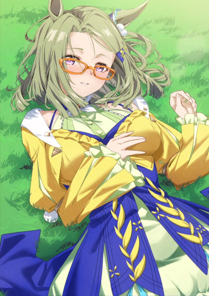 1girl, air_messiah_(inherited_hope)_(umamusume), air_messiah_(umamusume), animal_ears, blush, breasts, closed_mouth, commentary_request