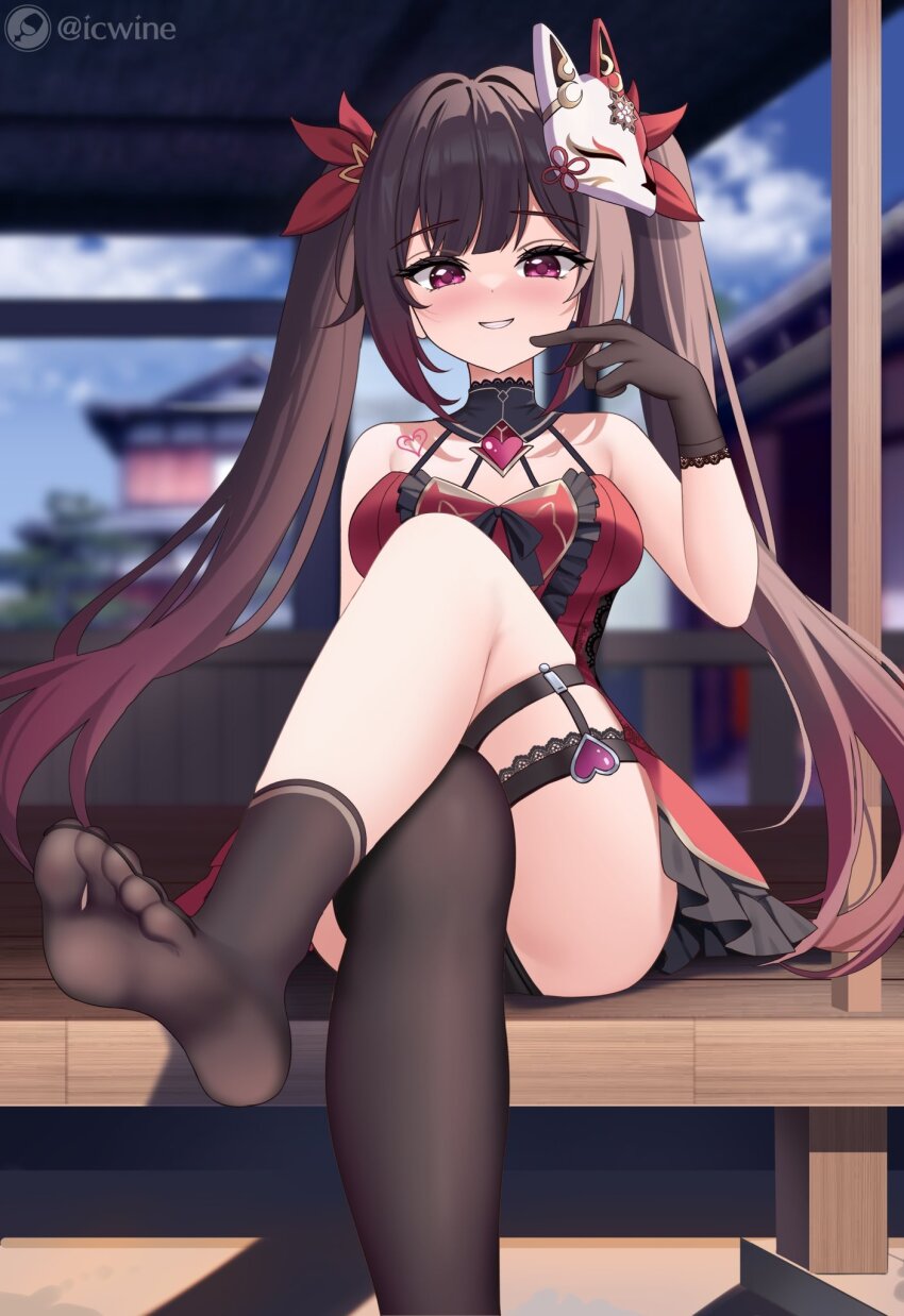 1girl, asymmetrical_legwear, black_gloves, black_socks, black_thighhighs, blurry, blurry_background, brown_hair
