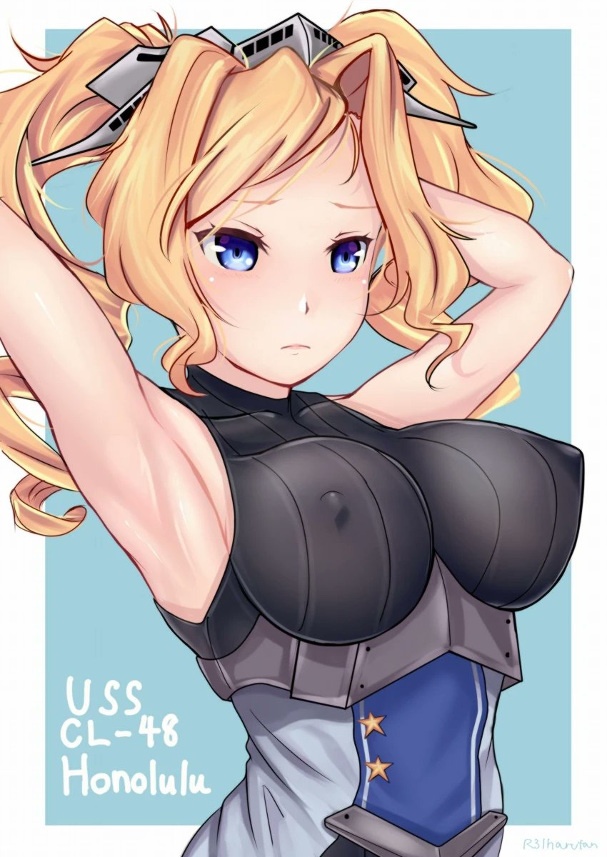 1girl, armpits, arms_behind_head, black_shirt, blonde_hair, blue_background, blue_eyes, border
