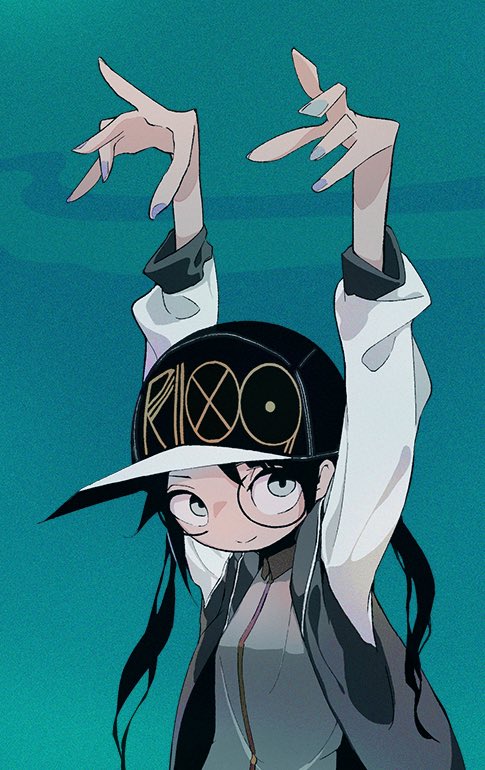 1girl, arms_up, baseball_cap, black_hair, black_hat, breasts, chuuou, collared_shirt, glasses, hat, idolmaster, idolmaster_shiny_colors, jacket, lapels, long_hair, long_sleeves, mitsumine_yuika, nail_polish, open_clothes, open_jacket, print_hat, round_eyewear, shirt, small_breasts, solo, twintails, two-tone_background