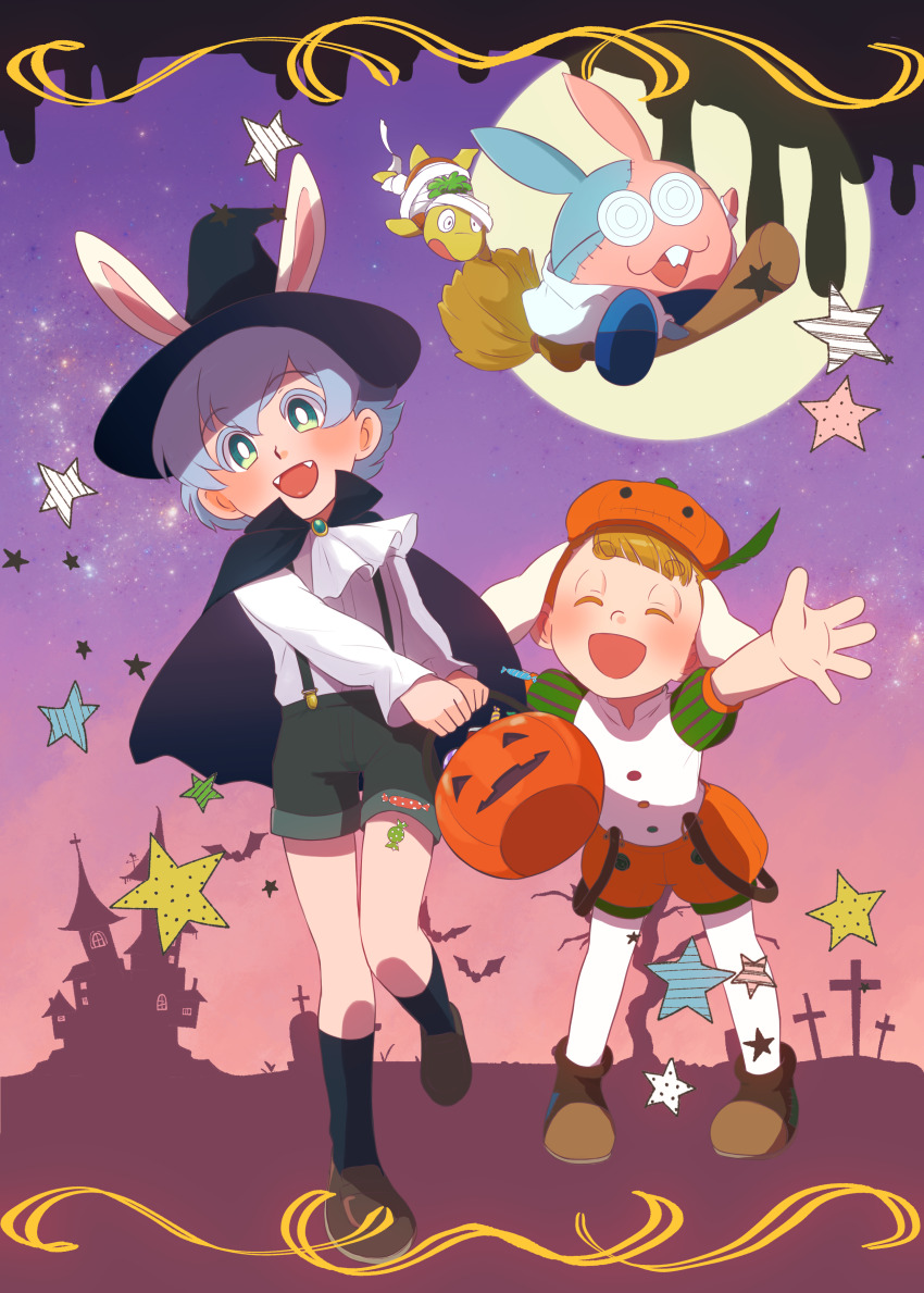 2boys, :d, absurdres, animal_ears, aru_(doraemon), ascot, bat_(animal), black_cape, black_hat, black_socks, broom, broom_riding, brown_footwear, brown_hair, candy, cape, character_request, coke-bottle_glasses, cross, doraemon, doraemon:_nobita_no_getsumen_tansaki, fangs, food, full_moon, glasses, green_eyes, grey_hair, hat, highres, kawachaneel, long_sleeves, moon, multiple_boys, open_mouth, pantyhose, pumpkin_hat, purple_sky, rabbit_ears, shirt, short_sleeves, shorts, sky, smile, socks, star_(symbol), stitched, suspenders, third-party_edit, tombstone, tsukino_luca, white_ascot, white_pantyhose, white_shirt, witch_hat, wrapped_candy