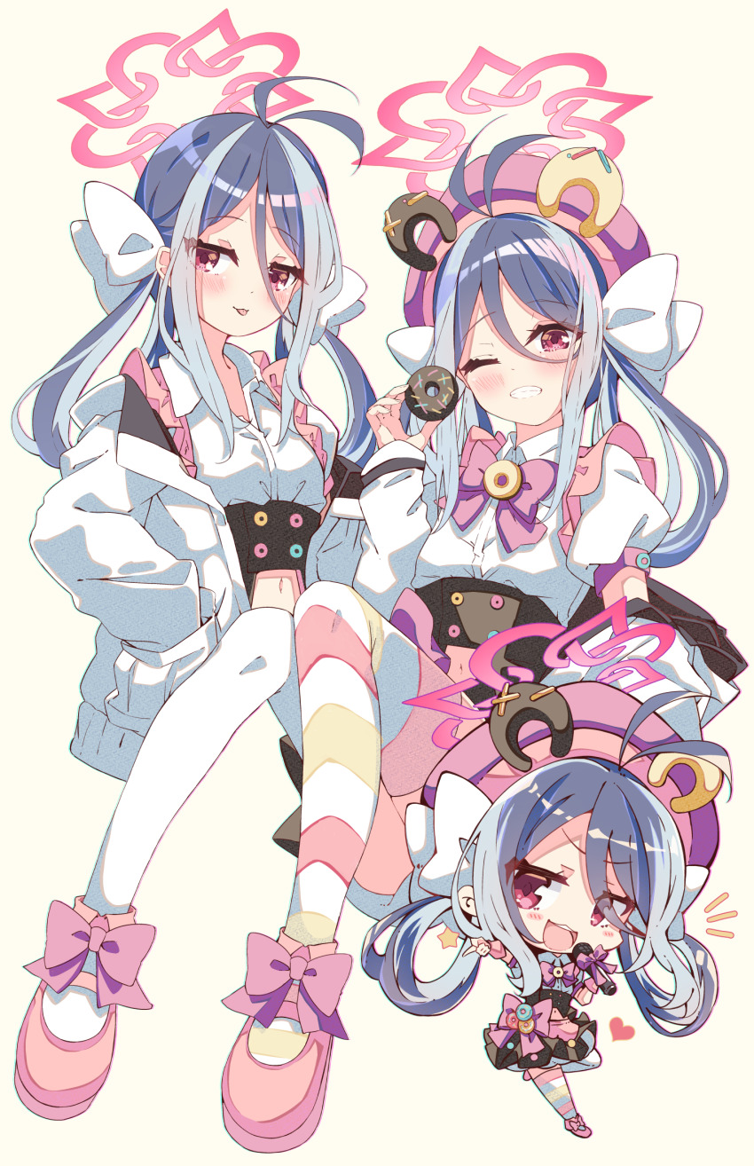 1girl, :d, :p, ;d, alternate_costume, alternate_hairstyle, antenna_hair, asymmetrical_legwear