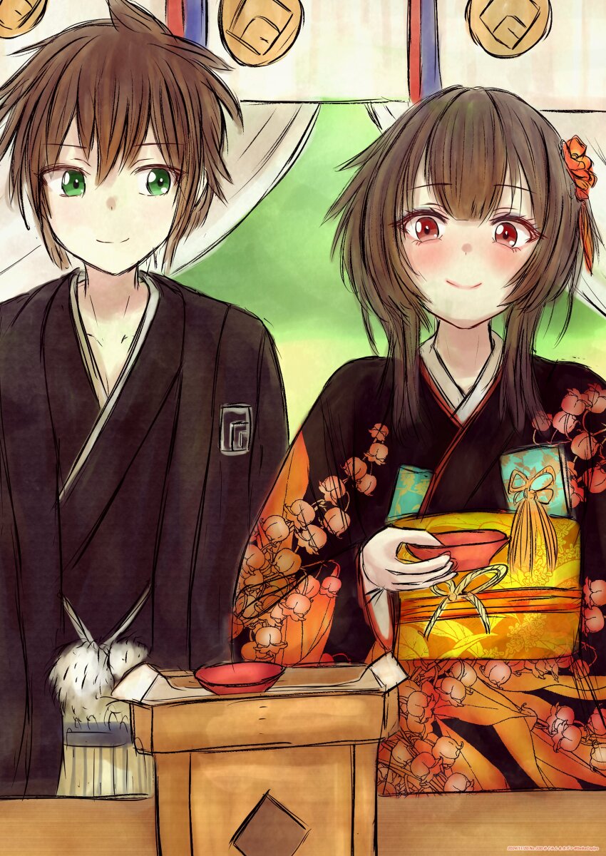 1boy, 1girl, absurdres, alcohol, alternate_costume, black_haori, brown_hair, commentary