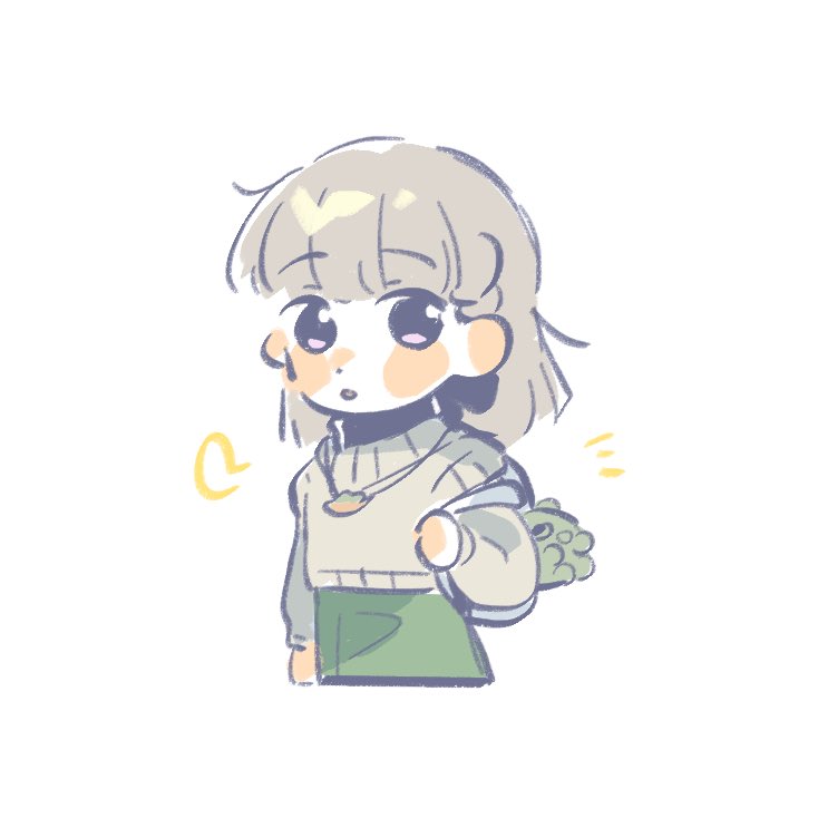 1girl, animal_charm, blush_stickers, braid, brown_hair, brown_sweater, casual, center-flap_bangs, charm_(object), cropped_legs, deformed, gonzales_(love_live!), green_skirt, jewelry, kachimachi_kosuzu, kachimachi_kosuzu_(birdcage_casual), link!_like!_love_live!, long_hair, love_live!, necklace, notice_lines, official_alternate_costume, parted_lips, pink_eyes, side_ahoge, side_braids, simple_background, skirt, solo, straight_hair, stuffed_dinosaur, sweater, virtual_youtuber, white_background, woodonly