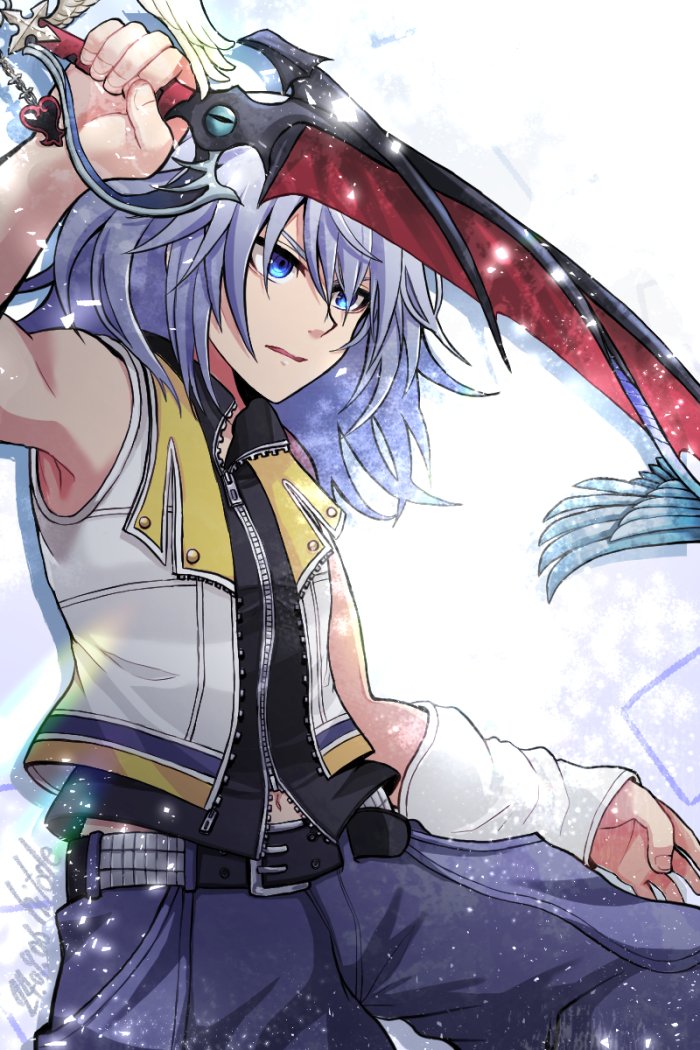 1boy, bare_shoulders, belt, black_belt, black_vest, blue_eyes, blue_pants, commentary