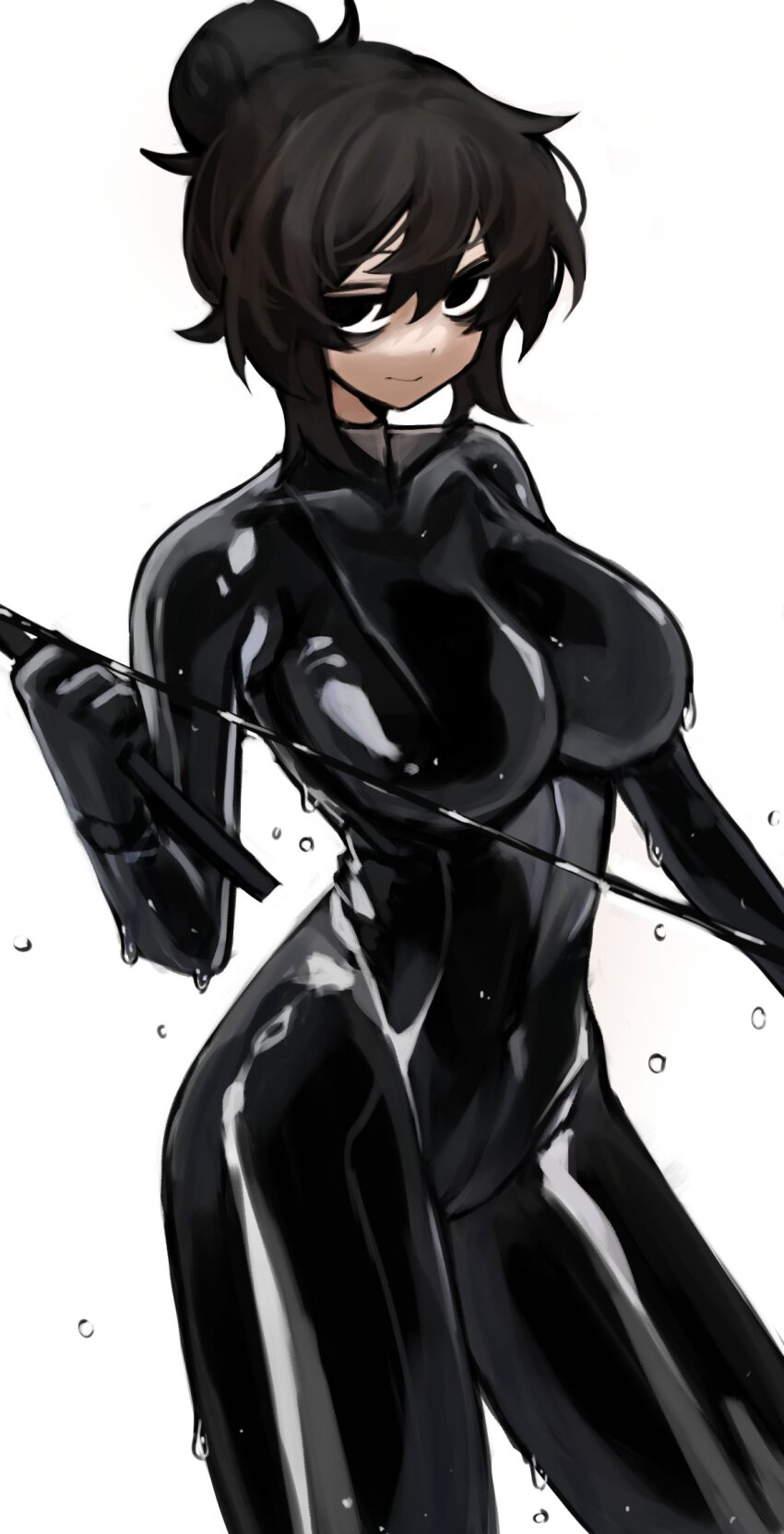 1girl, bags_under_eyes, black_bodysuit, black_eyes, black_hair, bodysuit, breasts, closed_mouth