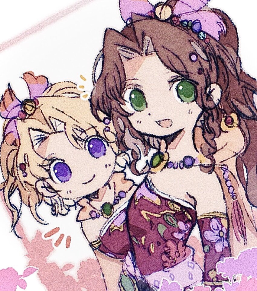 2girls, aerith_gainsborough, aerith_gainsborough_(terra's_garb), ankomochi_(tomatoaaa), bare_shoulders, blonde_hair, breasts, brown_hair