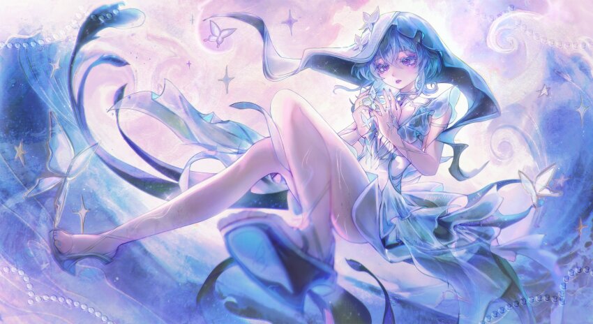 1girl, absurdres, armlet, bare_legs, blue_butterfly, blue_dress, blue_hair, blue_nails, blue_theme, blue_veil, breasts, bug, butterfly, colored_eyelashes, commentary, dress, hair_between_eyes, hands_up, heel-less_heels, highres, insect, jewelry, legs, long_hair, medium_breasts, nail_polish, parted_lips, peqchu, purple_eyes, sandals, shorekeeper_(wuthering_waves), sleeveless, sleeveless_dress, solo, untranslatable_commentary, toenail_polish, toenails, two-tone_veil, veil, white_veil, wuthering_waves