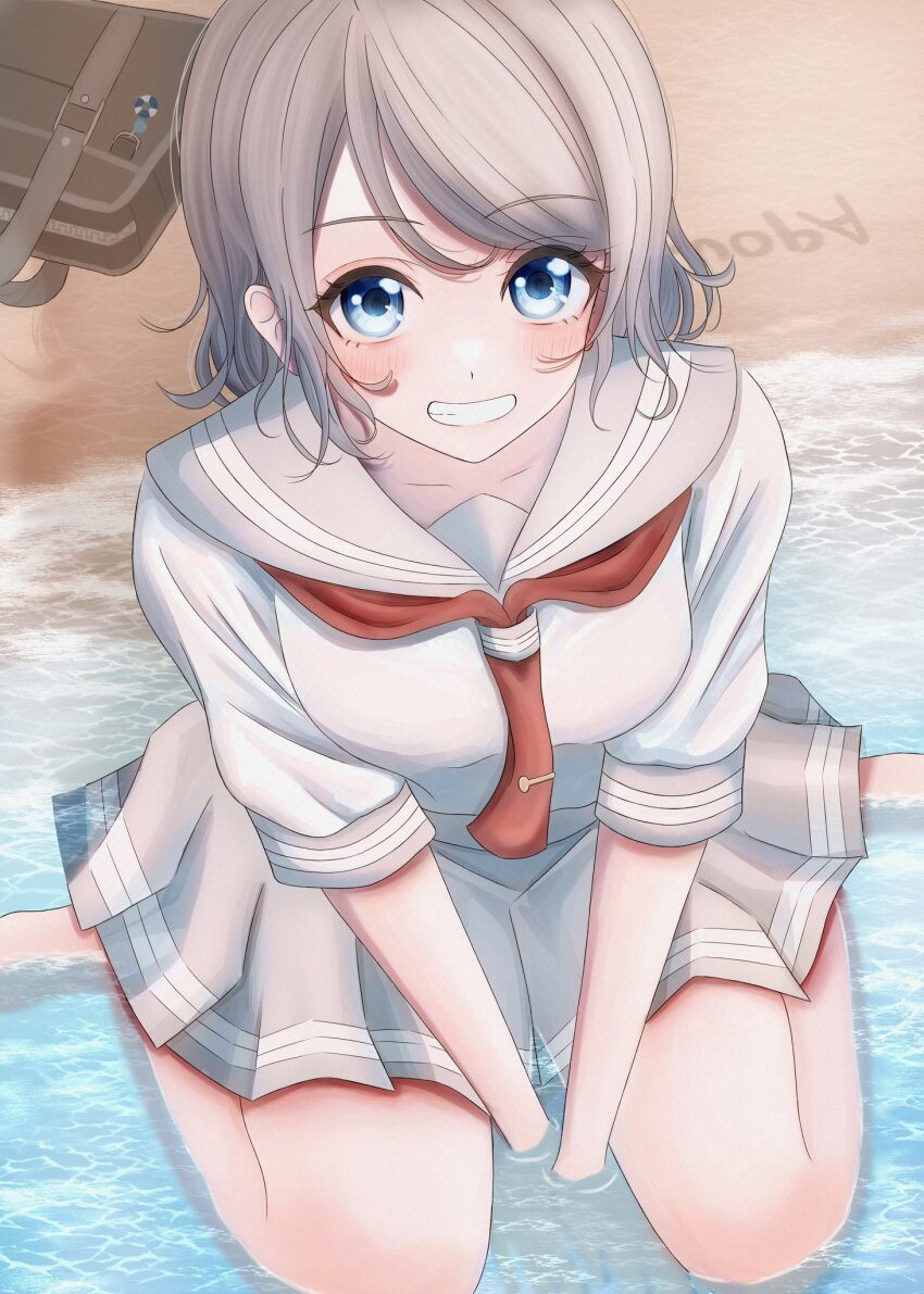 1girl, bag, barefoot, beach, blush, brown_hair, from_above, grey_skirt, hana_y_chan, highres, kneeling, legs, love_live!, love_live!_sunshine!!, necktie, pleated_skirt, sand, school_bag, school_uniform, serafuku, short_hair, skirt, smile, teeth, thighs, watanabe_you, water, wavy_hair