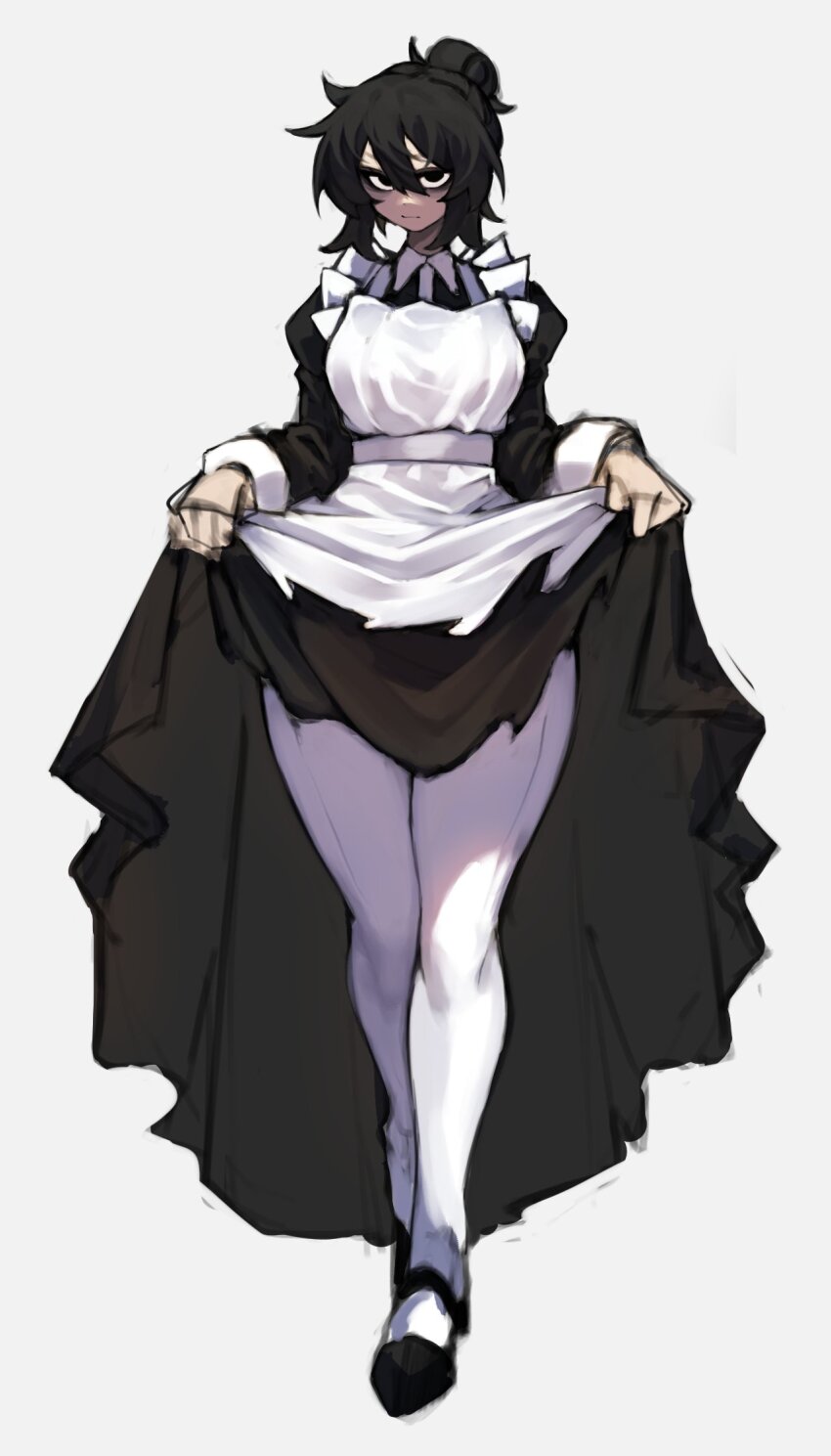 1girl, apron, bags_under_eyes, black_dress, black_eyes, black_hair, black_shoes, closed_mouth